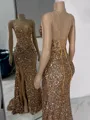 Glamorous Sheath V-Neck Sequin Sweep Train Corset Prom Dress
