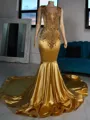Elegant Mermaid Scoop Rhinestone Chapel Train Metallic Satin Prom Dress