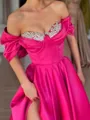 Splendid A-line Off-the-Shoulder Rhinestone Sweep Train Satin Prom Dress