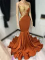 Enchanting Mermaid Scoop Appliques Lace Sweep Train Jersey Prom Dress