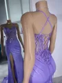 Trendy Sheath Spaghetti Straps Appliques Lace Sweep Train Corset Evening Dress