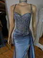 Fashion Sheath Spaghetti Straps Appliques Lace Sweep Train Silk Like Satin Corset Evening Dress