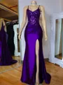 Glam Sheath V-Neck Appliques Lace Sweep Train Silk Like Satin Corset Evening Dress