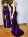 Glam Sheath V-Neck Appliques Lace Sweep Train Silk Like Satin Corset Evening Dress
