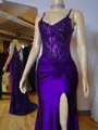 Glam Sheath V-Neck Appliques Lace Sweep Train Silk Like Satin Corset Evening Dress