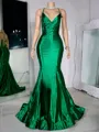 Unique Mermaid Spaghetti Straps Pleated Sweep Train Evening Dress