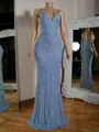 Glamorous Sheath V-Neck Sequin Sweep Train Lace Evening Dress