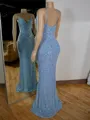 Glamorous Sheath V-Neck Sequin Sweep Train Lace Evening Dress