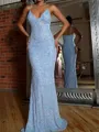 Glamorous Sheath V-Neck Sequin Sweep Train Lace Evening Dress