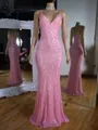 Glamorous Sheath V-Neck Sequin Sweep Train Lace Evening Dress