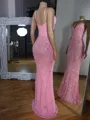 Glamorous Sheath V-Neck Sequin Sweep Train Lace Evening Dress