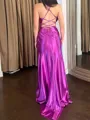 Stunning Sheath Spaghetti Straps Pleated Sweep Train Metallic Satin Evening Dress