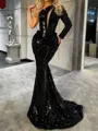 Delicate Sheath One-Shoulder Long Sleeves Sweep Train Sequins Evening Dress