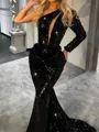 Delicate Sheath One-Shoulder Long Sleeves Sweep Train Sequins Evening Dress