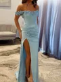 Glamorous Sheath Off-the-Shoulder Pleated Sweep Train Silk Like Satin Corset Evening Dress