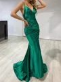 Opulent Sheath V-Neck Pleated Sweep Train Silk Like Satin Evening Dress