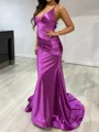 Opulent Sheath V-Neck Pleated Sweep Train Silk Like Satin Evening Dress