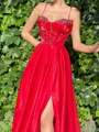 Perfect A-line Spaghetti Straps Beading Sweep Train Evening Dress