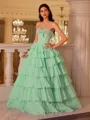 Stunning A-Line Straight Cascading Ruffles Sweep Train Chiffon Corset Prom Dress