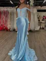 Grand Sheath Off-The-Shoulder Appliques Lace Sweep Train Silk Like Satin Corset Prom Dress