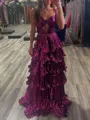 Splendiferous A-Line Spaghetti Straps Cascading Ruffles Sweep Train Metallic Satin Prom Dress