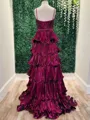 Splendiferous A-Line Spaghetti Straps Cascading Ruffles Sweep Train Metallic Satin Prom Dress