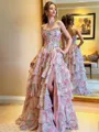 Classy A-Line Straight Cascading Ruffles Sweep Train Corset Prom Dress