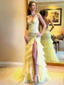 Opulent Sheath Spaghetti Straps Cascading Ruffles Sweep Train Chiffon Prom Dress