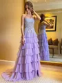 Glam A-Line Straight Cascading Ruffles Sweep Train Corset Prom Dress