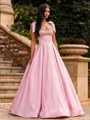 Stunning A-Line Straps Bow Sweep Train Satin Corset Prom Dress
