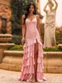 Pretty A-Line Halter Cascading Ruffles Sweep Train Satin Corset Prom Dress