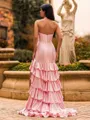 Pretty A-Line Halter Cascading Ruffles Sweep Train Satin Corset Prom Dress