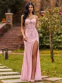 Hot Sheath Sweetheart Appliques Lace Sweep Train Silk Like Satin Corset Prom Dress