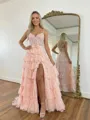 Splendiferous A-Line Spaghetti Straps Cascading Ruffles Sweep Train Lace Corset Prom Dress