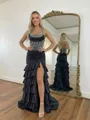 Unforgettable Sheath Halter Cascading Ruffles Sweep Train Silk Like Satin Corset Prom Dress