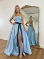 Hermosos A-Line Straight Bow Sweep Train Satin Corset Prom Dress