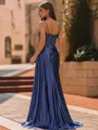 Elegant Sheath Spaghetti Straps Appliques Lace Sweep Train Silk Like Satin Corset Prom Dress