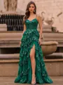 Opulent A-Line Spaghetti Straps Cascading Ruffles Sweep Train Tulle Corset Prom Dress