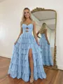 Splendid A-Line Spaghetti Straps Cascading Ruffles Sweep Train Prom Dress