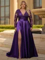Pretty A-Line V-Neck Appliques Lace Sweep Train Satin Corset Prom Dress