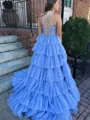 Gorgeous A-Line Spaghetti Straps Cascading Ruffles Sweep Train Tulle Corset Prom Dress