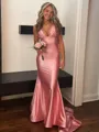 Luxurious Sheath Straps Pleated Sweep Train Satin Prom Dress