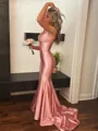 Luxurious Sheath Straps Pleated Sweep Train Satin Prom Dress
