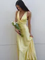 Striking Sheath V-Neck Pleated Floor-Length Silk Like Satin Prom Dress