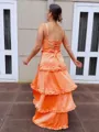 Exquisite A-Line Straps Cascading Ruffles Sweep Train Satin Corset Prom Dress