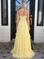 Striking A-Line Spaghetti Straps Sequin Sweep Train Chiffon Corset Prom Dress