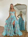 Extravagant A-Line Straight Cascading Ruffles Sweep Train Corset Prom Dress