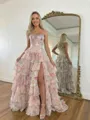 Extravagant A-Line Straight Cascading Ruffles Sweep Train Corset Prom Dress