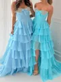 Elegant A-line Sweetheart Cascading Ruffles Sweep Train Chiffon Corset Prom Dress