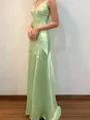Classy Sheath V-Neck Appliques Lace Sweep Train Silk Like Satin Prom Dress